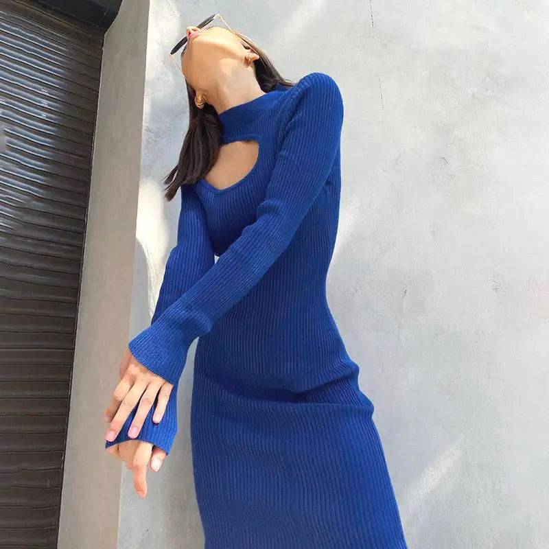 Cotton Hollow-Out Stretch Long-Sleeve Dress