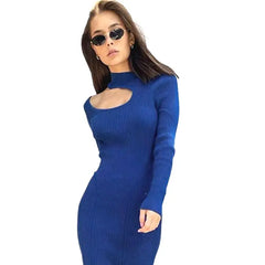 Cotton Hollow-Out Stretch Long-Sleeve Dress Blue / S