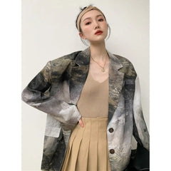 Cotton Ink Pattern Simple Button Loose Blazer