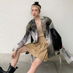 Cotton Ink Pattern Simple Button Loose Blazer