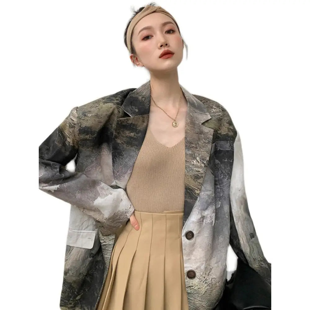 Cotton Ink Pattern Simple Button Loose Blazer