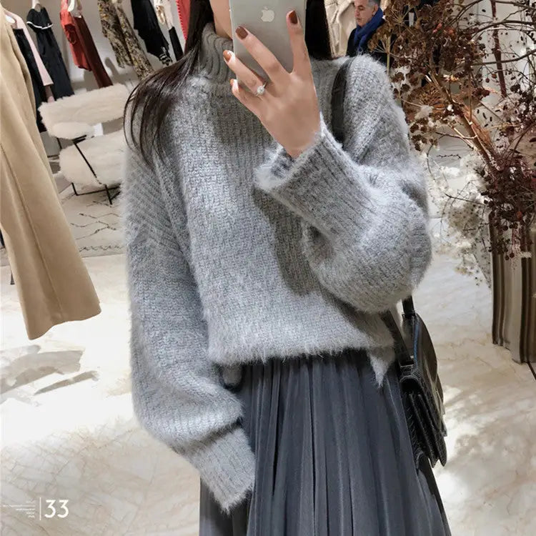 Cotton Knit Sweater with High Collar for Women gray