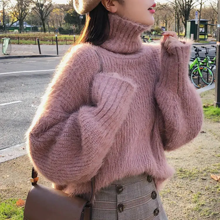 Cotton Knit Sweater with High Collar for Women Pink