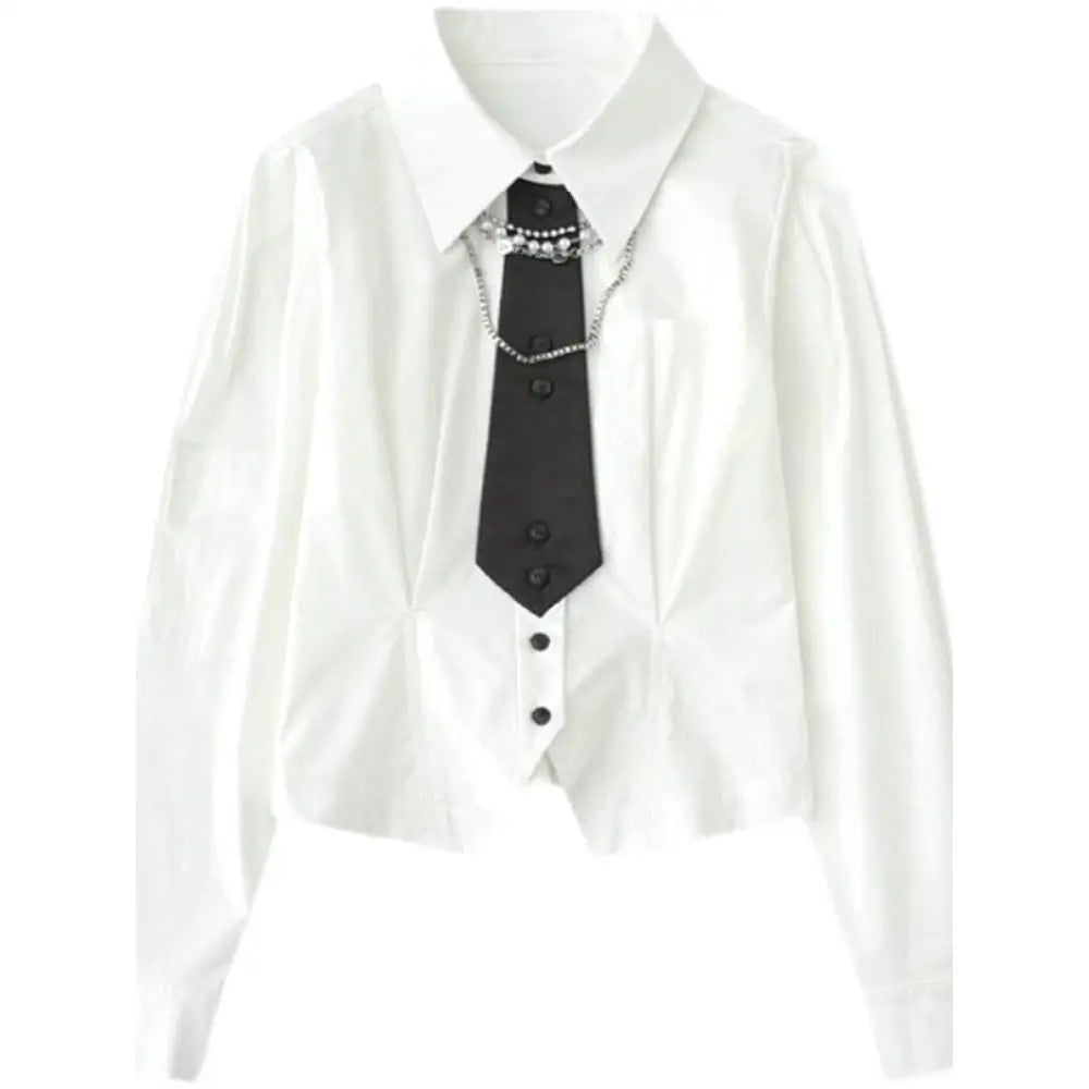 Cotton Long Sleeve White Shirt with Chain Decoration