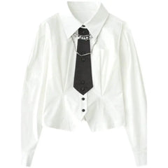 Cotton Long Sleeve White Shirt with Chain Decoration