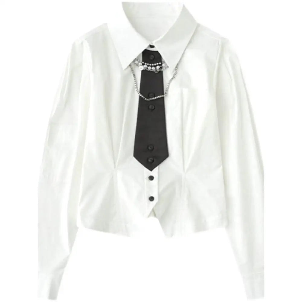 Cotton Long Sleeve White Shirt with Chain Decoration