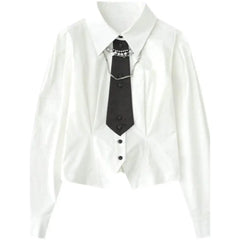 Cotton Long Sleeve White Shirt with Chain Decoration