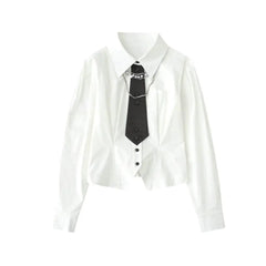 Cotton Long Sleeve White Shirt with Chain Decoration