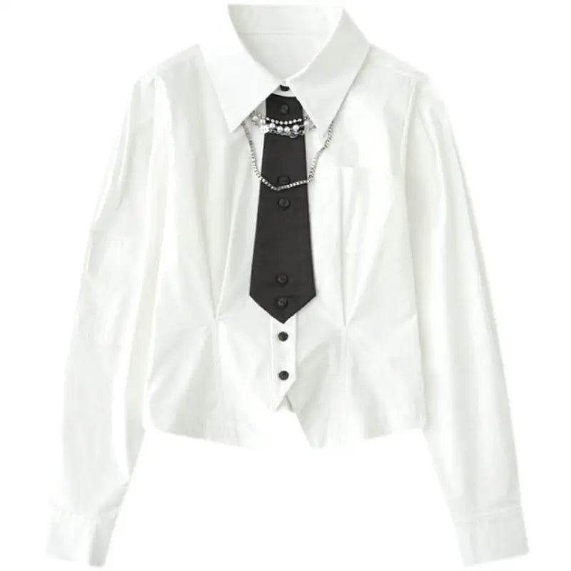 Cotton Long Sleeve White Shirt with Chain Decoration / S