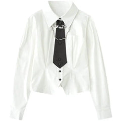 Cotton Long Sleeve White Shirt with Chain Decoration / S