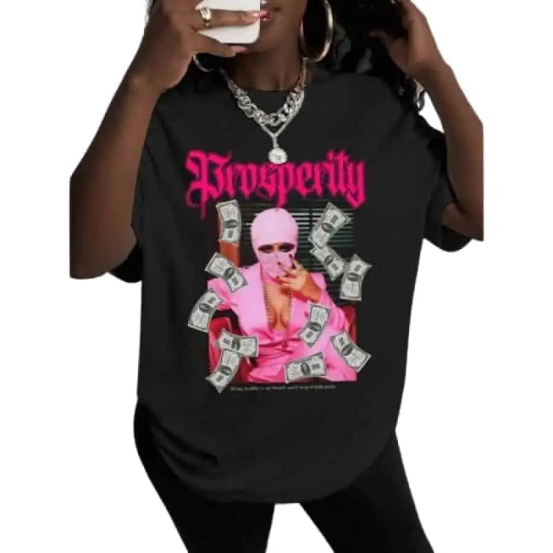 Cotton Loose T Shirt with Masked Dollar Letter Print Black