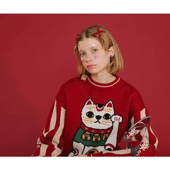 Cotton Maneki Neko Sweater Lucky Cat Design One Size / Red