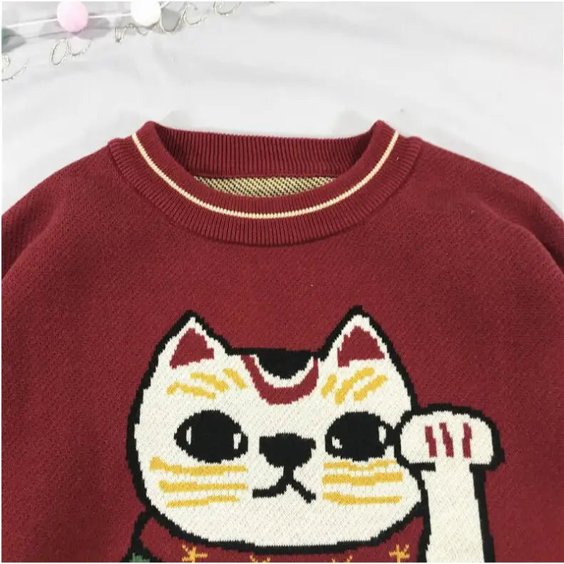 Cotton Maneki Neko Sweater Lucky Cat Design One Size / Red
