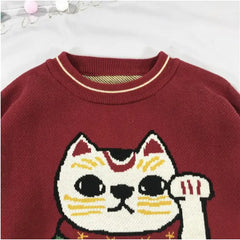 Cotton Maneki Neko Sweater Lucky Cat Design One Size / Red