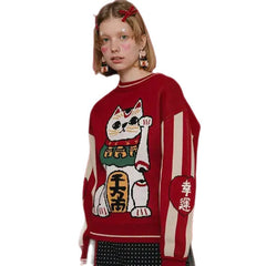 Cotton Maneki Neko Sweater Lucky Cat Design One Size / Red