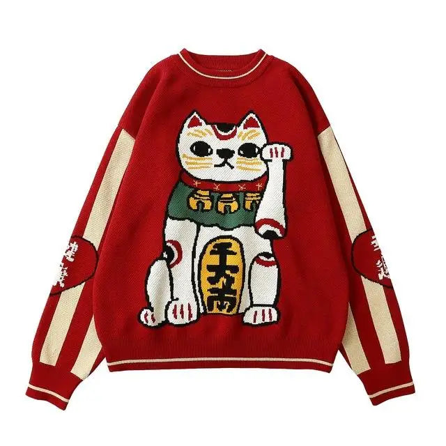 Cotton Maneki Neko Sweater Lucky Cat Design One Size / Red