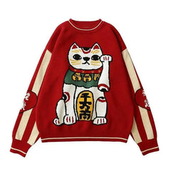 Cotton Maneki Neko Sweater Lucky Cat Design One Size / Red