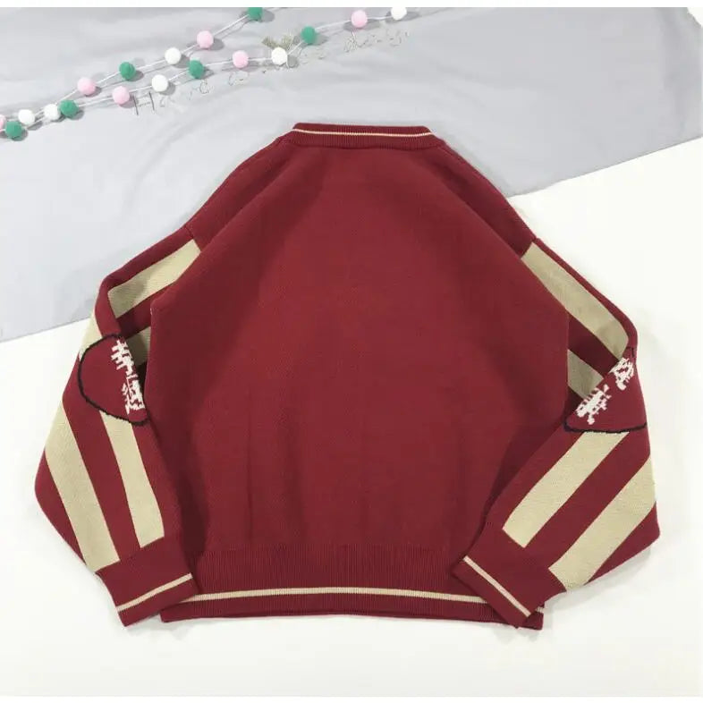 Cotton Maneki Neko Sweater Lucky Cat Design One Size / Red