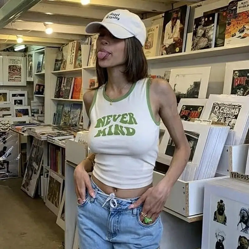 Cotton Mind Crop Tank Top with Green Hem