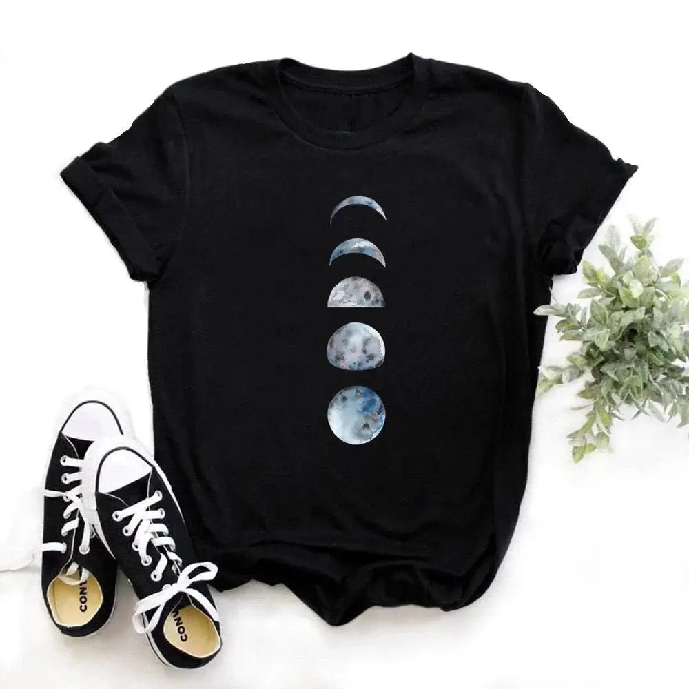 Cotton O-Neck Clothing Length Shirt with Moon Phase Planet