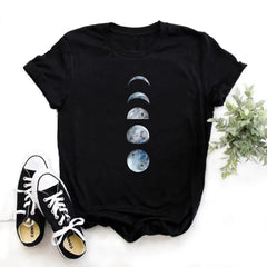 Cotton O-Neck Clothing Length Shirt with Moon Phase Planet