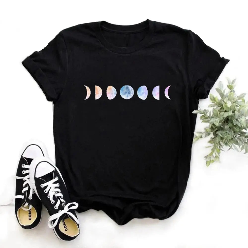 Cotton O-Neck Clothing Length Shirt with Moon Phase Planet
