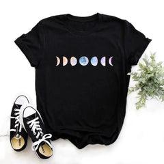 Cotton O-Neck Clothing Length Shirt with Moon Phase Planet