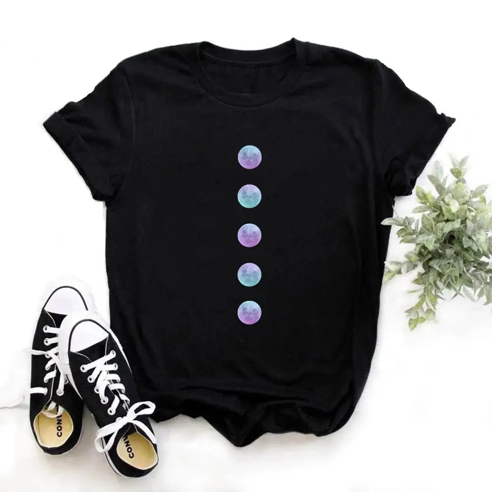 Cotton O-Neck Clothing Length Shirt with Moon Phase Planet