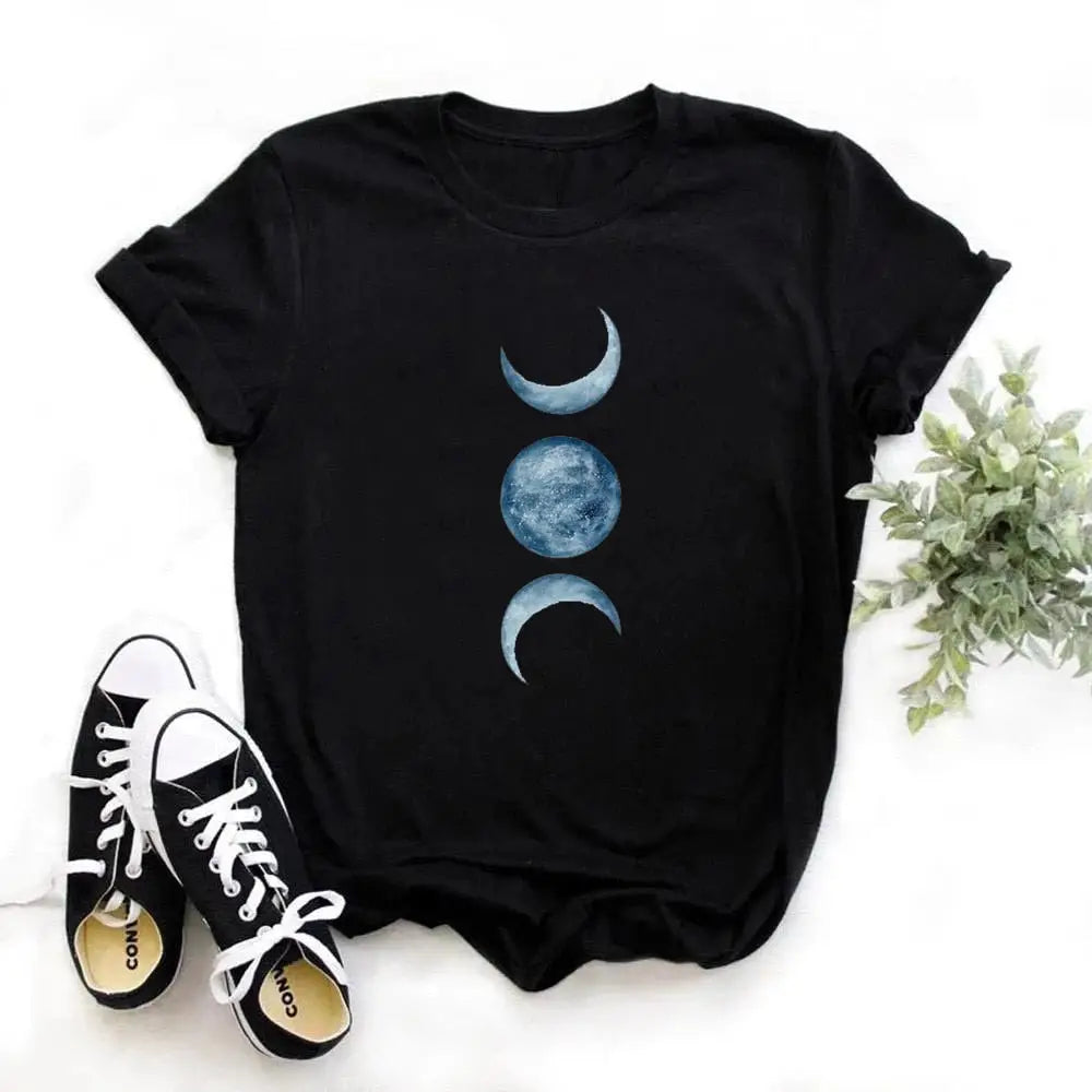 Cotton O-Neck Clothing Length Shirt with Moon Phase Planet