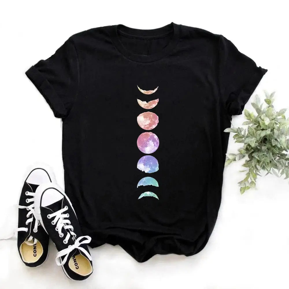 Cotton O-Neck Clothing Length Shirt with Moon Phase Planet