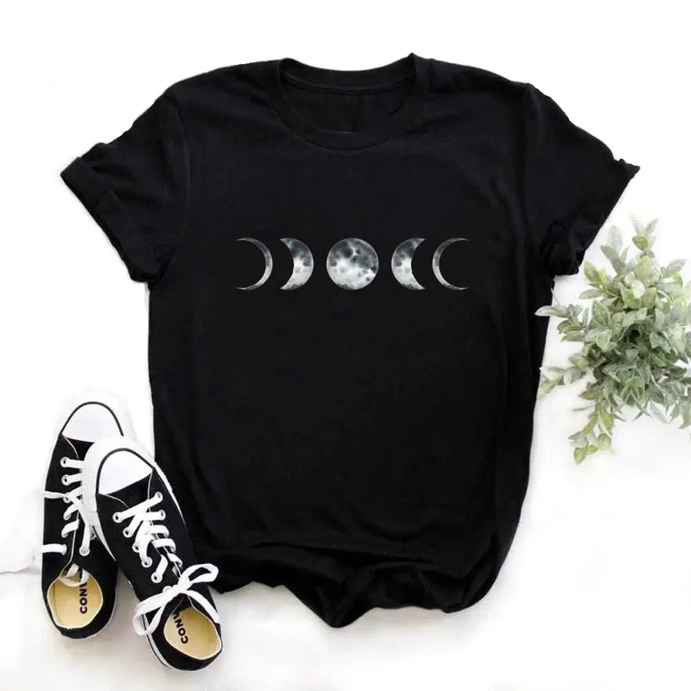 Cotton O-Neck Clothing Length Shirt with Moon Phase Planet