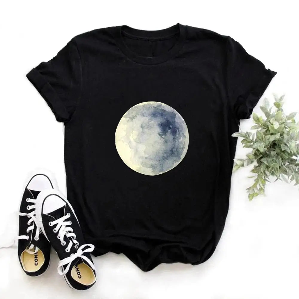Cotton O-Neck Clothing Length Shirt with Moon Phase Planet