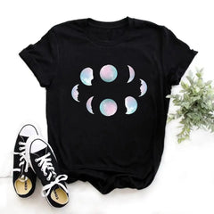 Cotton O-Neck Clothing Length Shirt with Moon Phase Planet