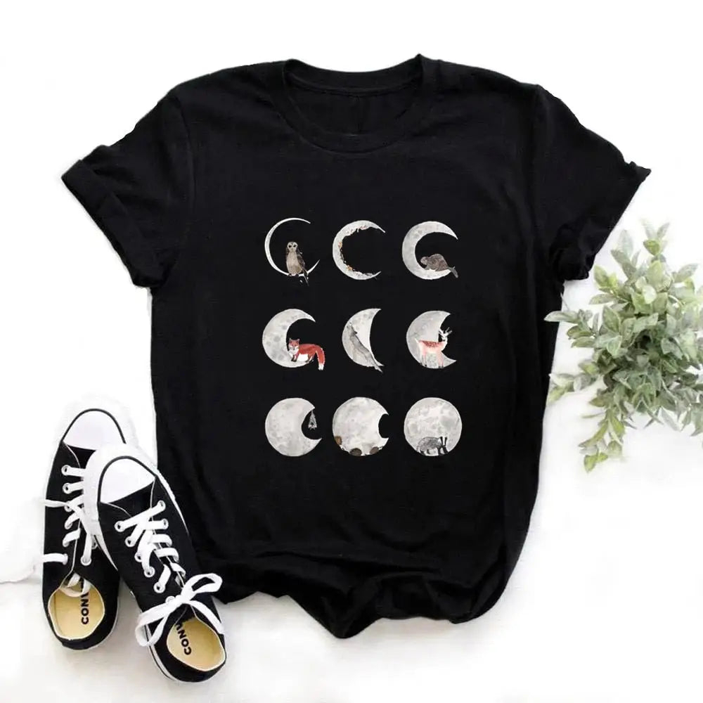 Cotton O-Neck Clothing Length Shirt with Moon Phase Planet