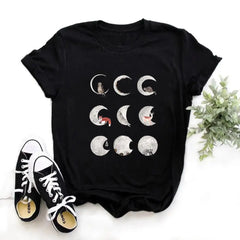 Cotton O-Neck Clothing Length Shirt with Moon Phase Planet