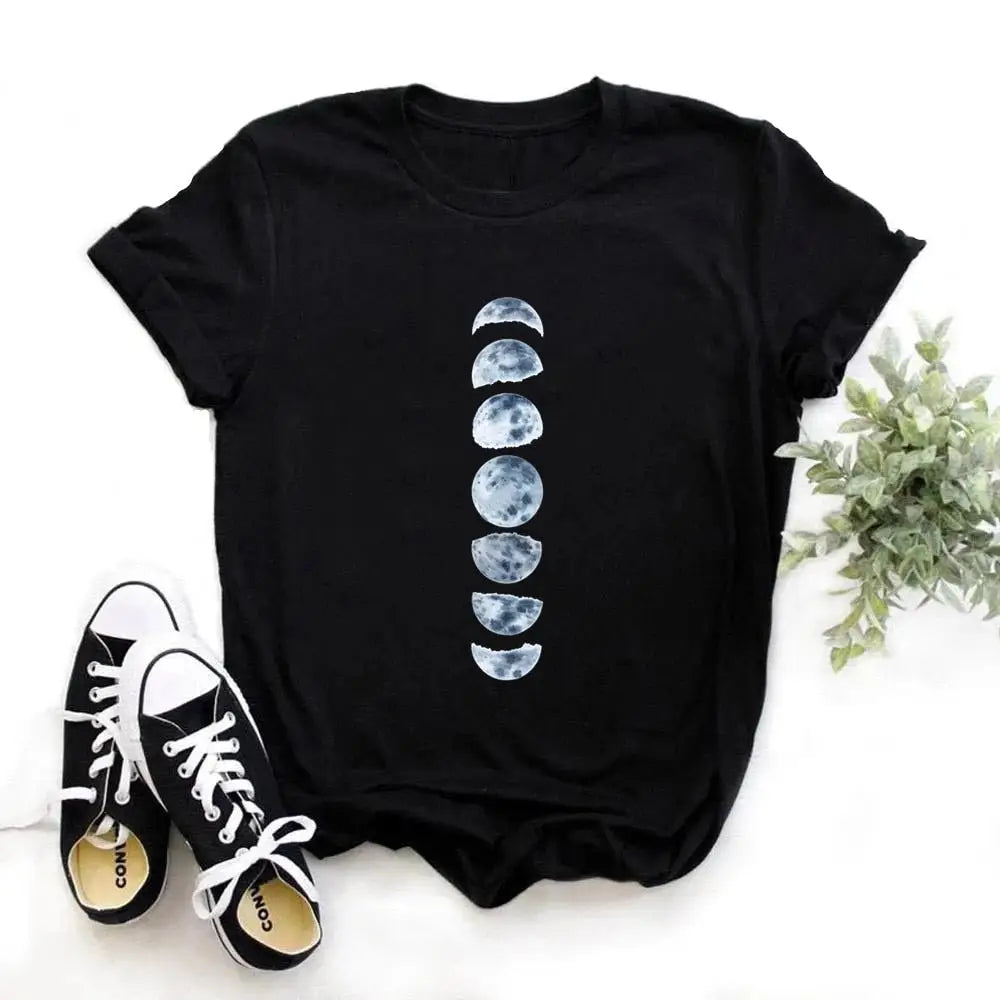 Cotton O-Neck Clothing Length Shirt with Moon Phase Planet