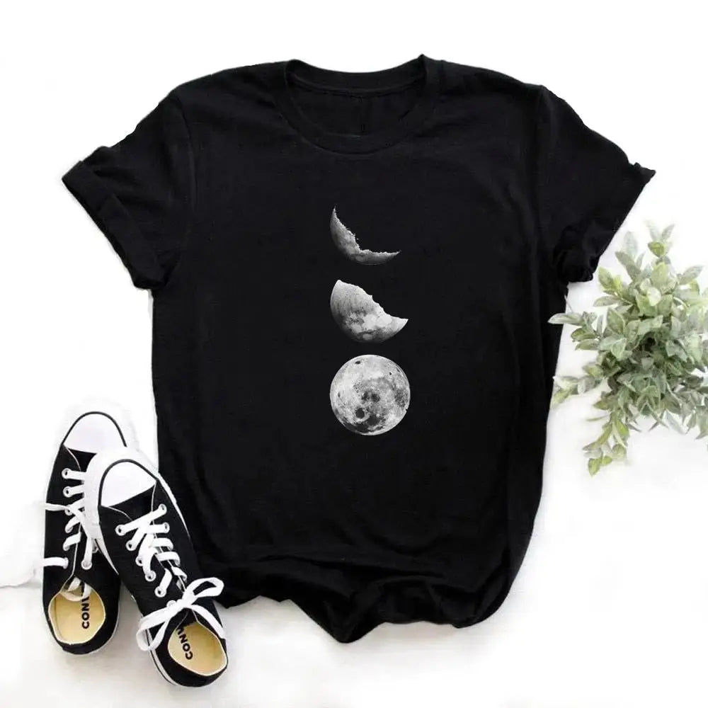 Cotton O-Neck Clothing Length Shirt with Moon Phase Planet
