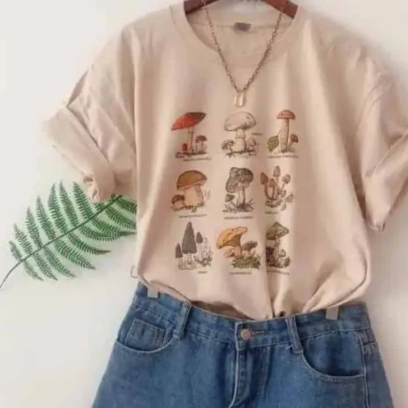 Cotton Oversized Mushroom Short Sleeve T Shirt Khaki / XS