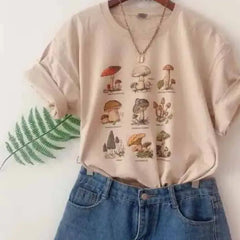 Cotton Oversized Mushroom Short Sleeve T Shirt Khaki / XS