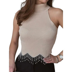 Cotton Pendants Sleeveless Turtleneck Short Blouse