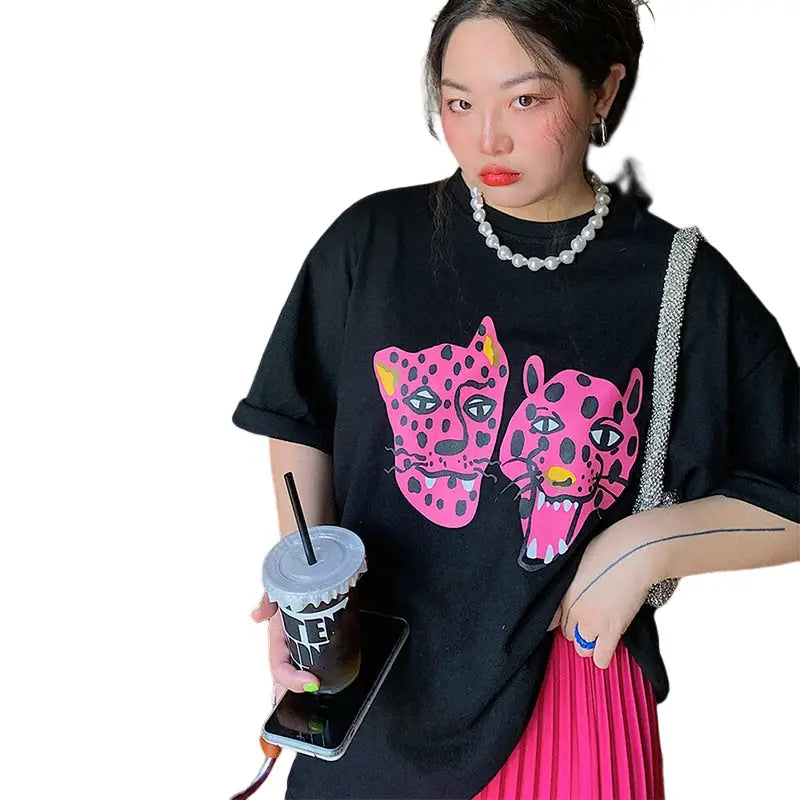 Cotton Pink Leopard Short Sleeve Loose T Shirt Black / S