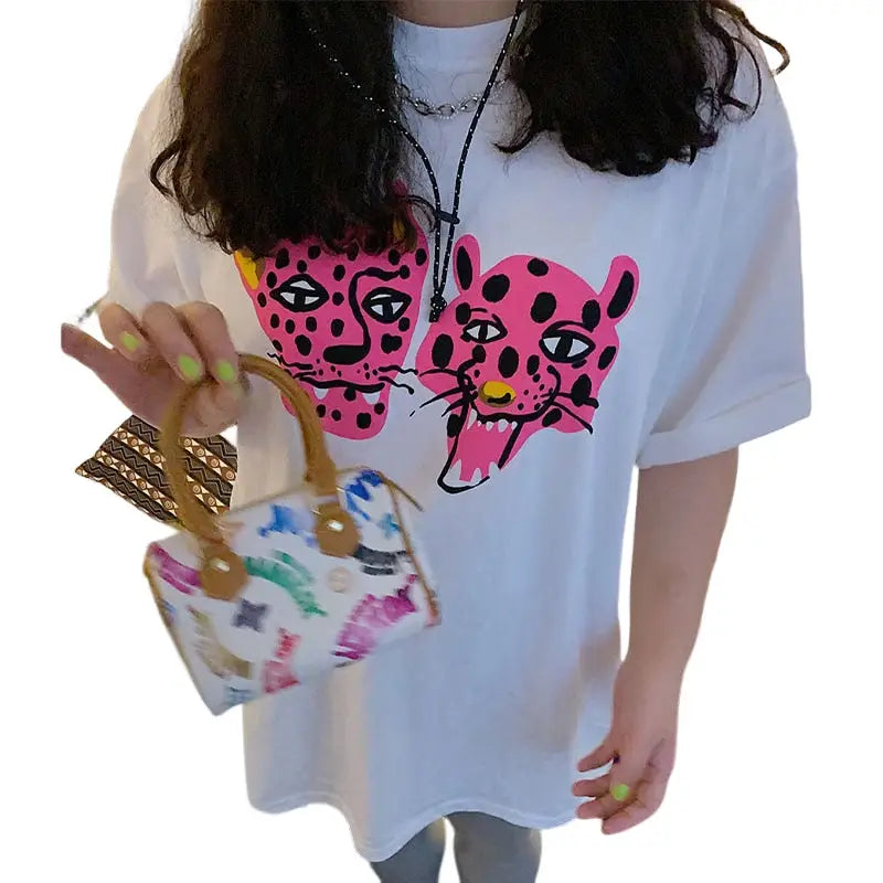 Cotton Pink Leopard Short Sleeve Loose T Shirt White / S