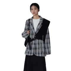 Cotton Plaid Pattern Vintage Blazer with Notched Collar