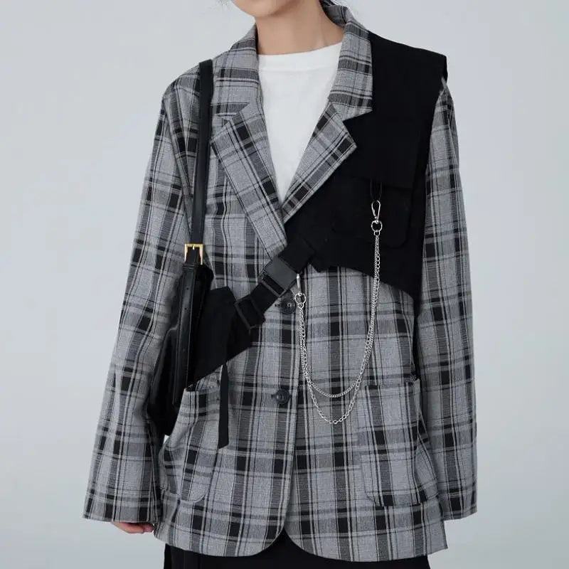 Cotton Plaid Pattern Vintage Blazer with Notched Collar