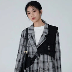Cotton Plaid Pattern Vintage Blazer with Notched Collar