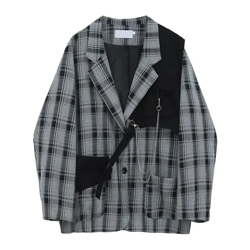 Cotton Plaid Pattern Vintage Blazer with Notched Collar / M