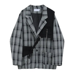 Cotton Plaid Pattern Vintage Blazer with Notched Collar / M