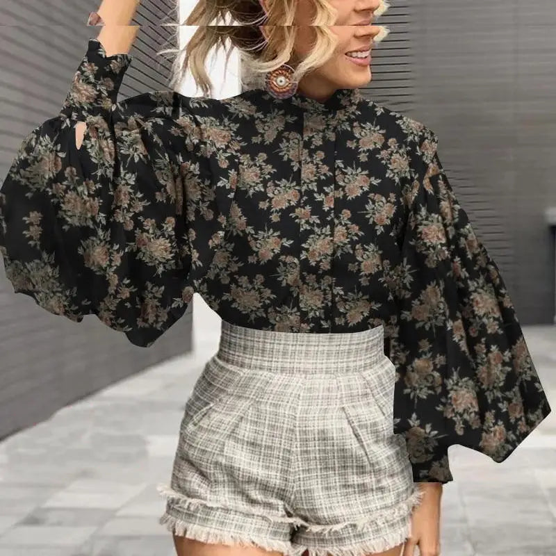 Cotton Polyester Blouse with Aesthetic Print Ruffled Sleeve