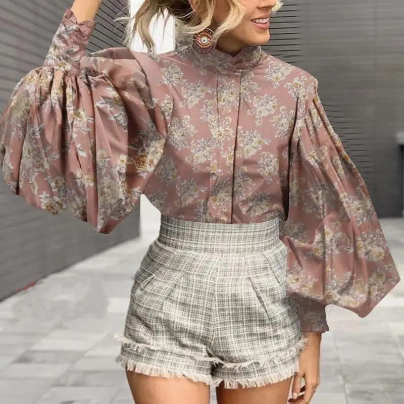 Cotton Polyester Blouse with Aesthetic Print Ruffled Sleeve