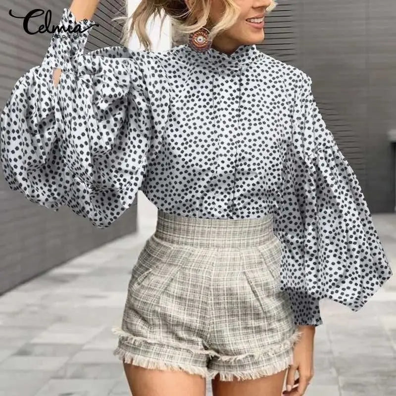 Cotton Polyester Blouse with Aesthetic Print Ruffled Sleeve